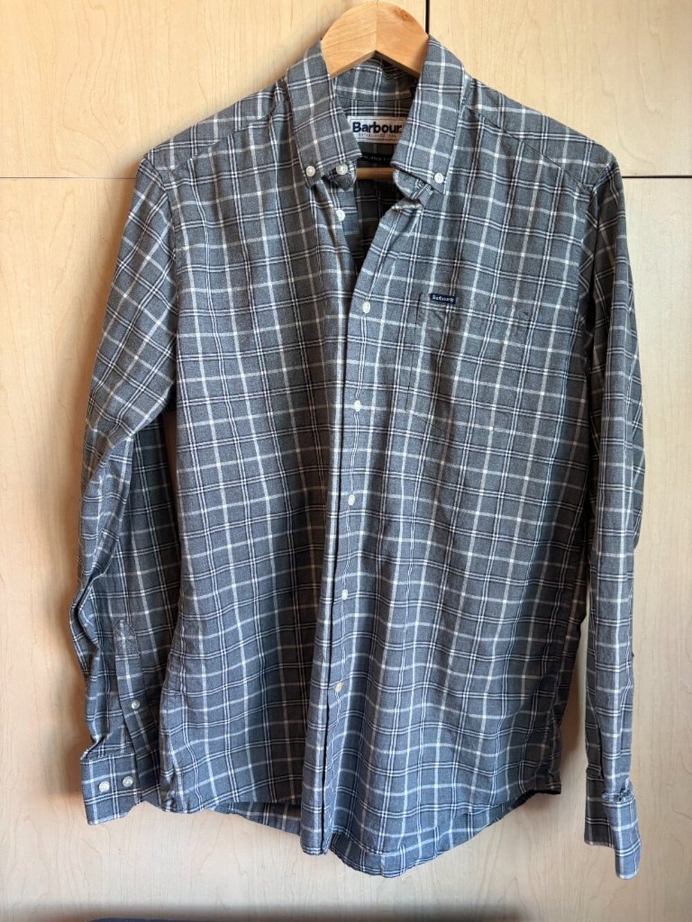 Men's Barbour Button Down Shirt - Grey, White, and Blue Plaid - Size Small